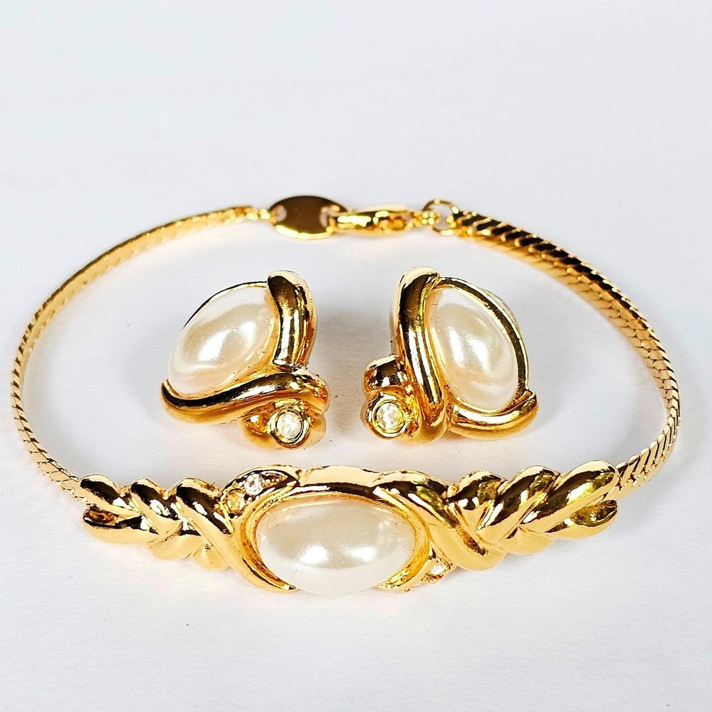 Vtg Pearlessence Collection Gold Tone Faux Pearl L Bracelet Earring Set Coquette